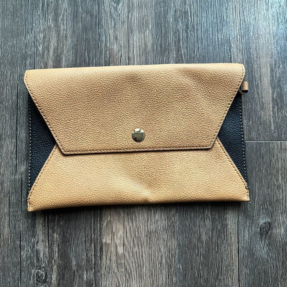 Beige Faux Leather Envelope Clutch with Snap Closure